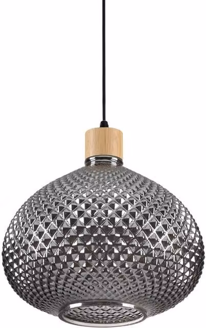 Ideal Lux Bergen-3 Indoor Dome Ceiling Pendant Lamp with Grey Glass and Wood Finish