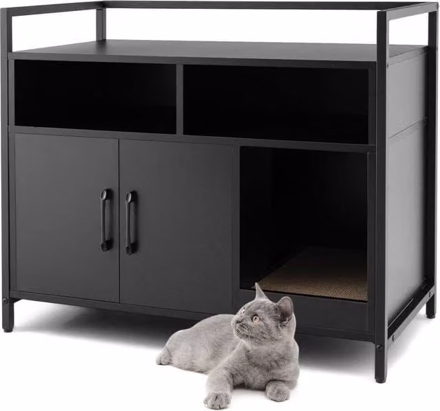 Costway Large Wooden Cat Litter Box Enclosure and Hidden Cabinet in Black and Gold