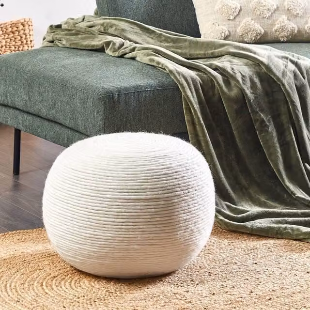 Wyld and Coco White Handwoven Wool Pouf, Round Boho Ottoman, Diameter: 50 cm