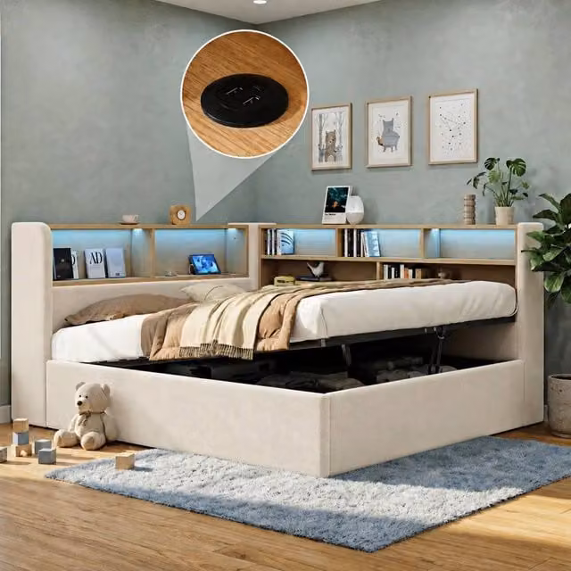 Merax L-Shaped Daybed with Headboard Storage, LED, USB Ports and Lift-Up Base, Beige Upholstered Velvet Fabric, W/D/H: 135 x 190 x 90 cm
