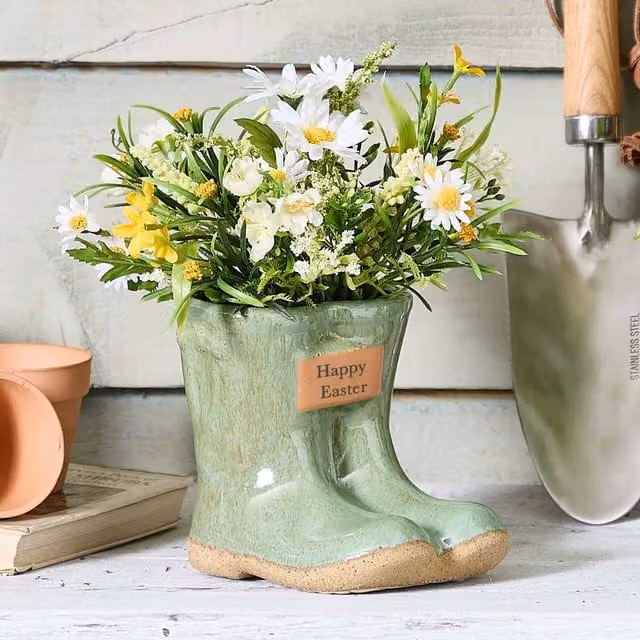 Dibor Small Green Ceramic Boots Flower Planter with Happy Easter Engraved Plaque, H10 x W12 cm