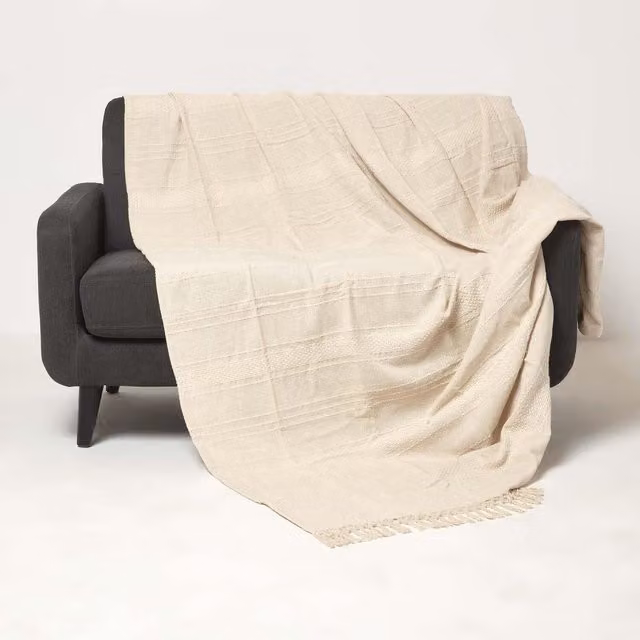 Homescapes Kashi Woven Cotton Throw with Fringes in Sand, Yellow and Beige, W/D/H: 360 x 255 x 1 cm