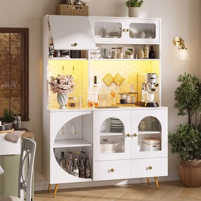 Merax Modern White Kitchen Dresser Tall Unit with LED Lighting, Perforated Wall, Power Outlets and Glass Doors, W/D/H: 120 x 40 x 176 cm