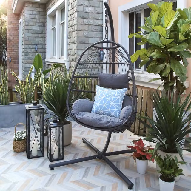 Home Garden Direct Totnes Grey Hanging Egg Chair with Stand and Cushions