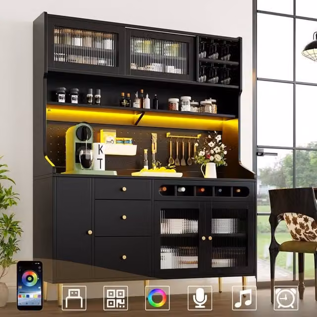 BTM Modern Black Matt Tall Highboard with Glass Sliding Doors and Integrated LED Lighting, W/D/H: 39.0 x 71.0 x 171.0 cm