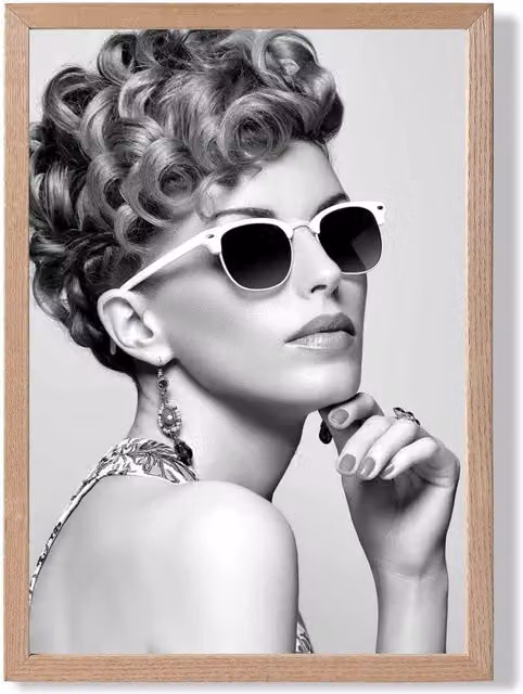ARTZE Girl with Sunglasses Black and White Framed Photo Print with Oak Frame, A3