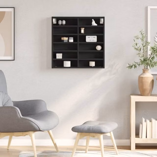 Berkfield Home Black Modern Wall Mounted Vitrine Cabinet with Glass Doors and Internal Shelves, W: 60 cm, D: 8.5 cm, H: 58 cm