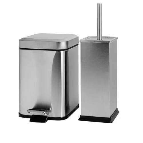 Harbour Housewares 3L Square Stainless Steel Pedal Bin and Toilet Brush Set in Silver