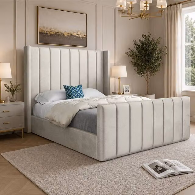 Casani Sherburn Single Upholstered Designer Bed Frame in Beige Soft Velvet, W/D/H: 90 x 190 x 137 cm