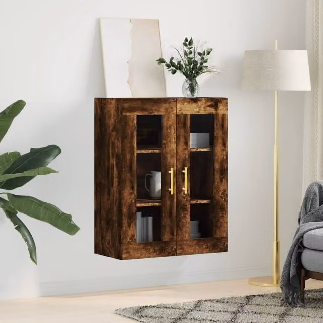 Berkfield Home Wall Mounted Smoked Oak Cabinet with Glass Doors in Brown, W/D/H: 69.5 x 34 x 90 cm