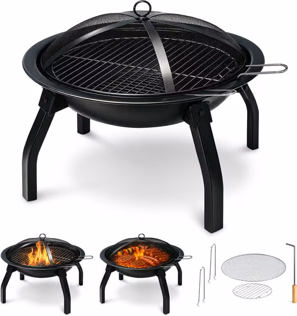 Keplin Stainless Steel Portable Folding Fire Pit with Lid and Carry Bag in Black