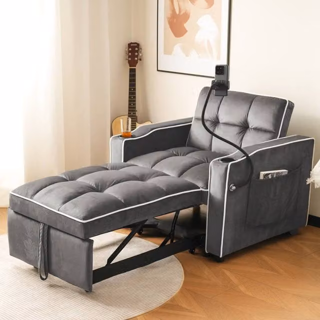 Merax Velvet Convertible Sleeper Chair with Phone Holder and 2 Cup Holders in Grey