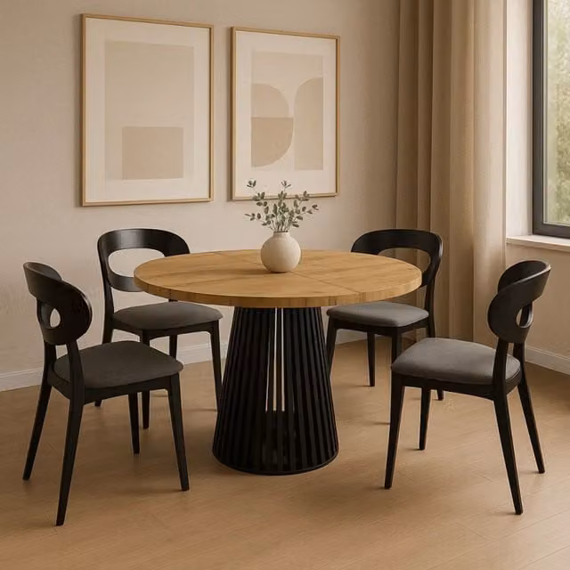 Heze Furniture Ruston Modern Round Extendable Dining Table in Beige, W/D: 100 x 100 cm