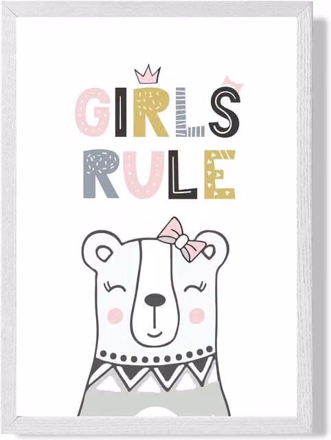 ARTZE Cute Girls Rule Bear Scandi Quote Framed Print, Pink and Yellow, A4 with White Frame
