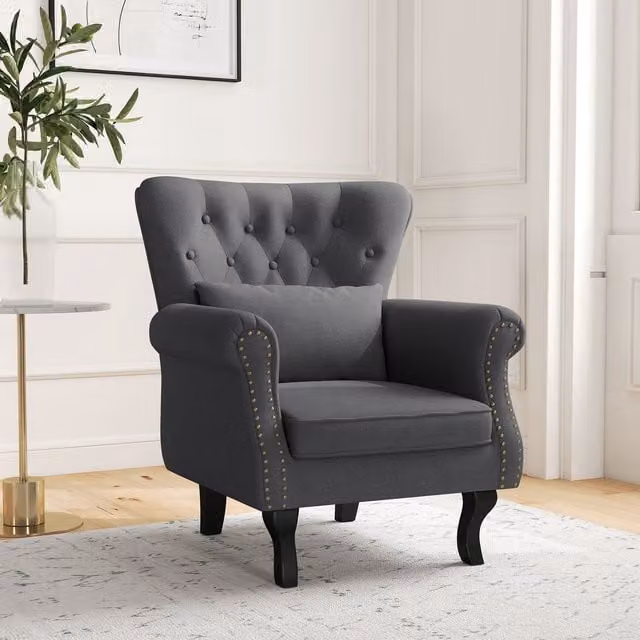 HOMCOM Chesterfield Style Wingback Accent Chair with Pillow in Grey Fabric