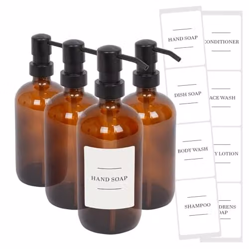 Harbour Housewares Pack of 4 Amber Glass Soap Dispensers with Black Pumps and White Labels, 500ml each