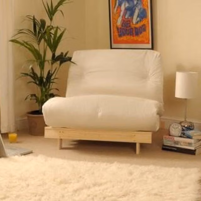 Comfy Living Beige and White Cotton Futon Chair Fold Out Sofa Bed with Solid Pine Wood Frame, W/D/H: 75 x 190 cm