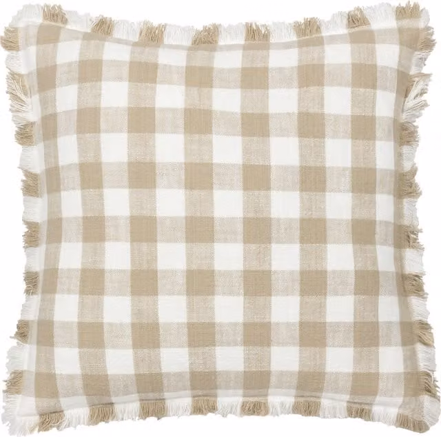 Make it a Home Barton Check Fringed Feather Rich Square Cushion in Natural Beige and Yellow Cotton