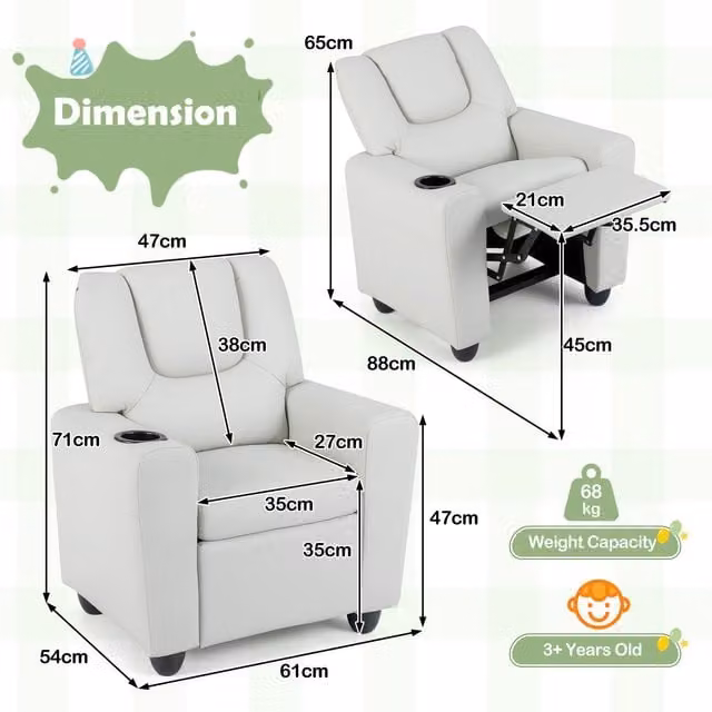 Costway Kids Recliner with Cup Holder in White Faux Leather