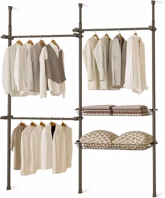 EONLION Black Metal Continuous Linear Rail Clothes Rack and Storage Baskets