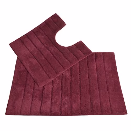 Allure Bath Fashions 2 Piece Ribbed Cotton Bath and Pedestal Toilet Mat Set in Red