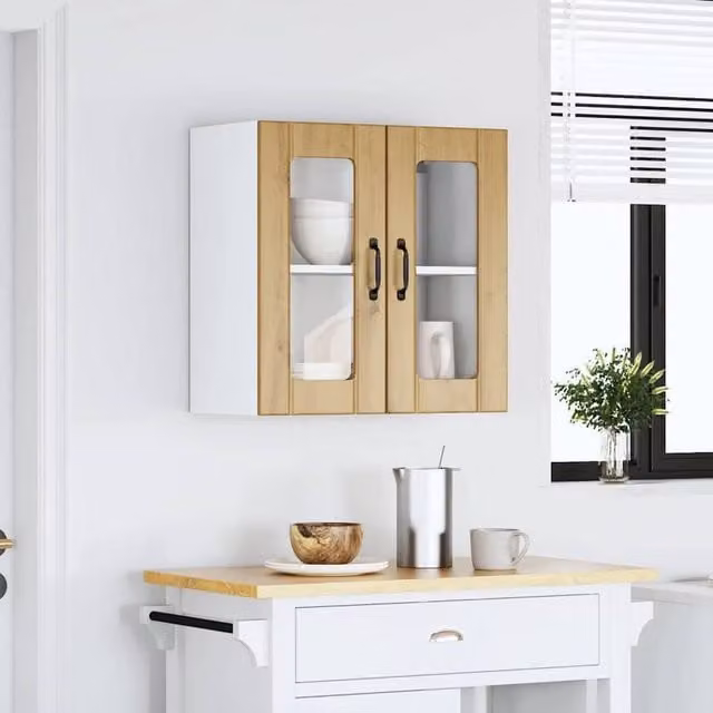 Berkfield Home Lucca Kitchen Wall Cabinet with Glass Doors in Artisan Oak Brown, W: 60 cm, H: 31 cm, D: 25 cm