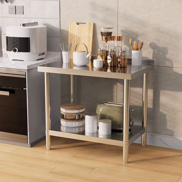 Livingandhome Two-Tier Stainless Steel Workbench with Backsplash, Silver, Width: 90 cm