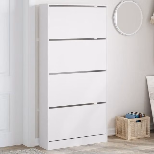 Berkfield Home Modern White Shoe Cabinet with 4 Tilting Compartments, W/D/H: 80 x 21 x 163.5 cm