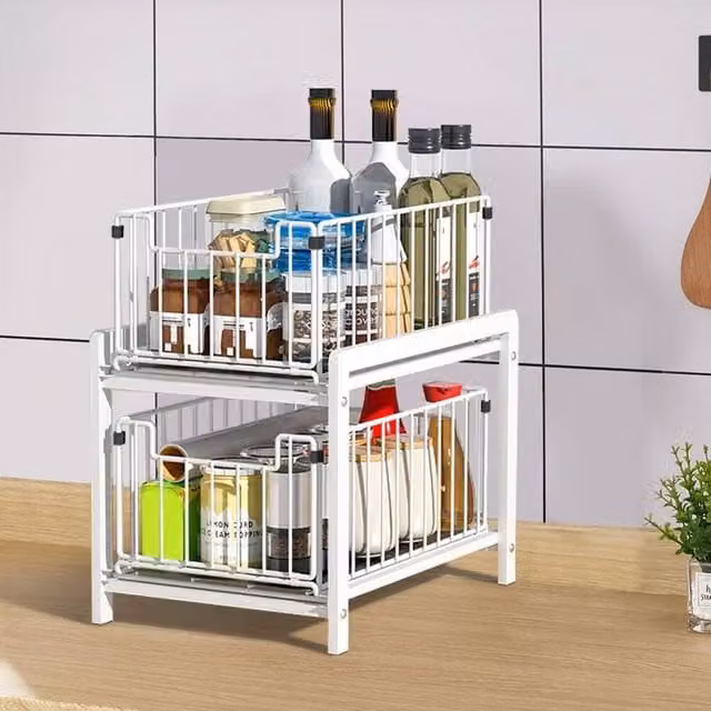 KORVIXA White 2-Tier Metal Under Sink Organizer Shelf, W/D/H: 50 x 50 x 50 cm