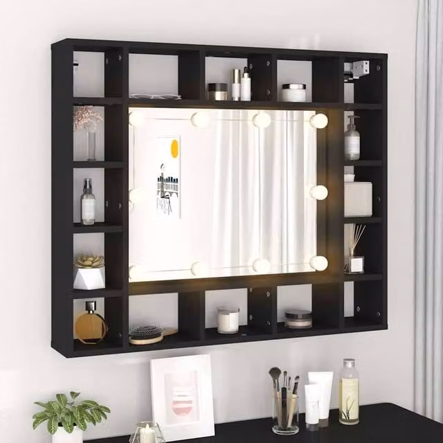 Berkfield Home Modern Black LED Mirror Cabinet with Integrated Lighting, W/D/H: 91 x 15 x 76.5 cm