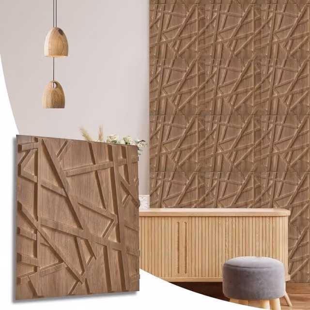 NOVECRAFTO Geometric 3D Wall Panels, Brown Wood Look PVC Cladding, W/D/H: 50 x 50 x 0.25 cm
