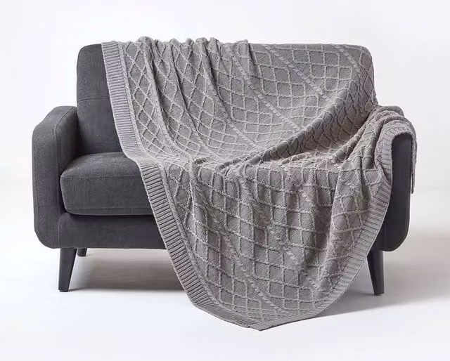 Homescapes Diamond Cable Knit Cotton Throw in Grey and Yellow, W: 150 cm, D: 200 cm
