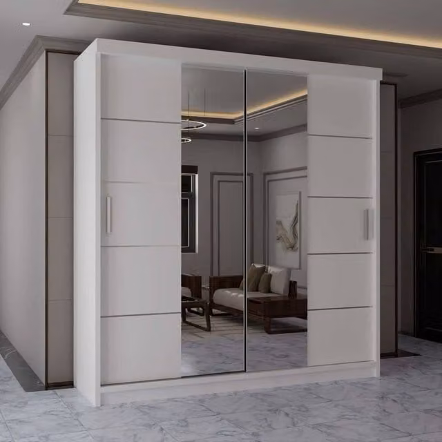 MN Furniture Modern White Wardrobe with Sliding Mirror Doors and Integrated LED Lighting, W: 180 cm, H: 217 cm