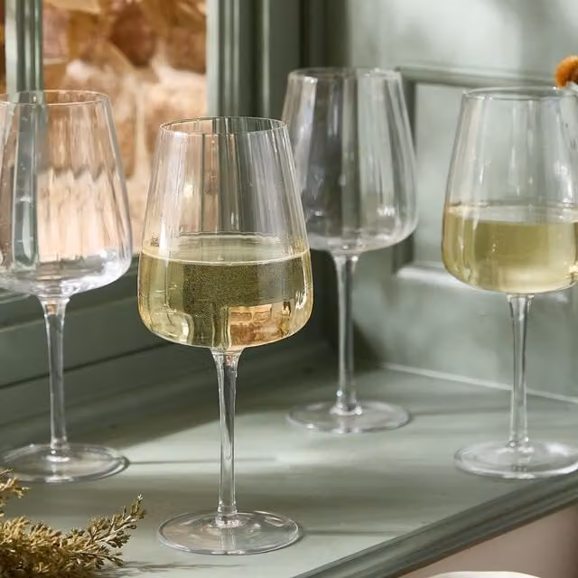 Dibor Set of 4 Ribbed Vintage Wine Glasses, Clear, 350ml