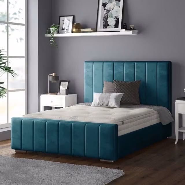 IH Design Nala Vertical Striped Plush Velvet Bed Frame in Petrol Blue/Green, W/D/H: 180 x 200 cm