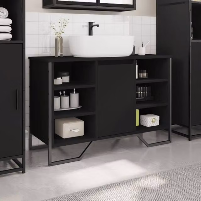 Berkfield Home Modern Black Freestanding Bathroom Sink Cabinet with Hinged Doors and Internal Shelves, W/D/H: 91 x 35 x 60 cm