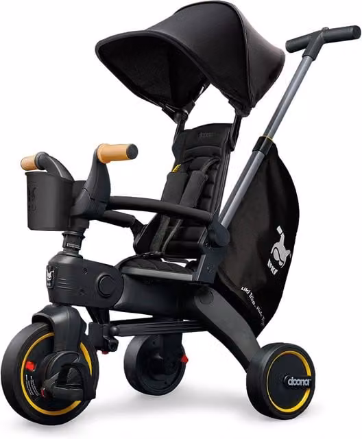 Doona Liki Push Along Trike S5 Foldable Tricycle with Canopy in Nitro Black Deluxe