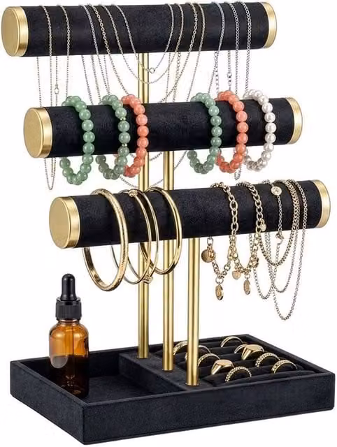 Kelvenix Black and Gold 3-Tier Jewelry Stand with Tray and Bracelet T-Bar
