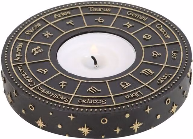 KDMK Astrology Wheel Tealight Candle Holder, Celestial Gold and Black Metal Tabletop Decor