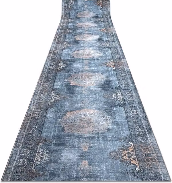 RugsX Anti-Slip Lotus Runner in Grey and Blue, W/D/H: 100 x 300 cm