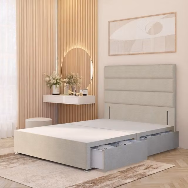 Horizona Tweed Fabric Divan Bed Base with 54 inch Floor Standing Headboard in Beige and Yellow, W/D/H: 200 x 200 cm
