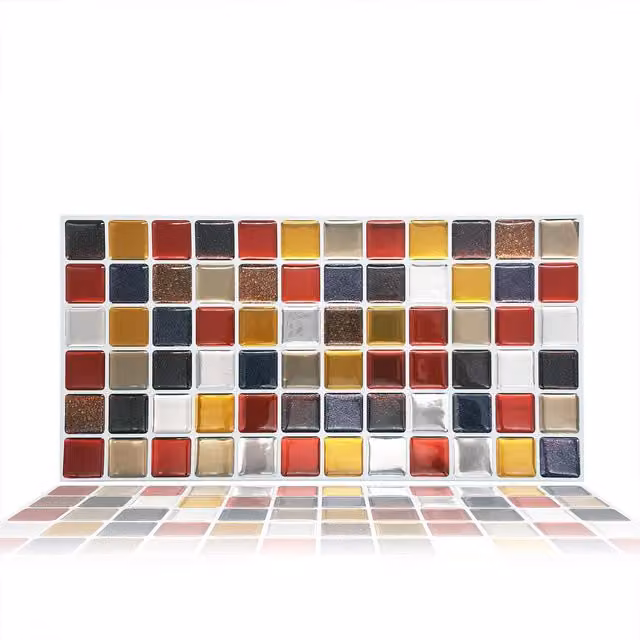 WALPLUS 48 Pack Glossy 3D Geometric Mosaic Tile Stickers in Red, Orange, Brown and Multicolour, W/H: 30 x 30 cm