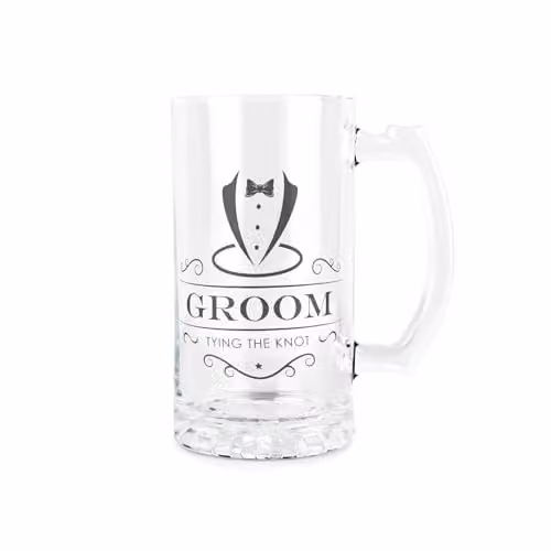 Purely Home Groom Glass Beer Stein Tankard with Handle, 450ml, Black and Transparent