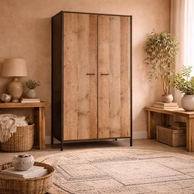 Wyld Haus Lucan 2 Door Wardrobe in Distressed Oak Effect, Brown and Sand, H 180 x W 52 x D 54 cm
