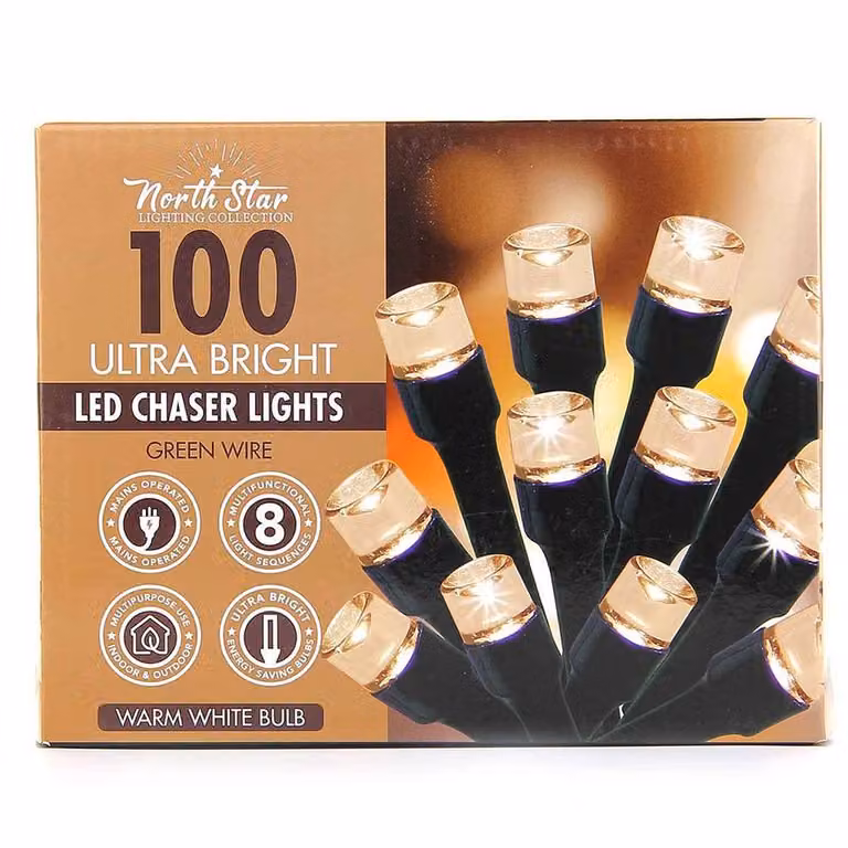 Voltico 100 LED Chaser Lights with Warm White LEDs and Black Wire, Diameter: 100 cm