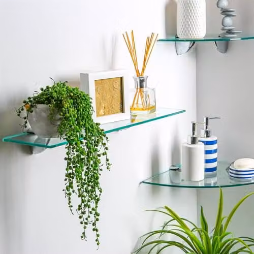 Harbour Housewares Set of 6 Wall-Mounted Glass Corner Shelves for Bathroom Storage, Black and Transparent