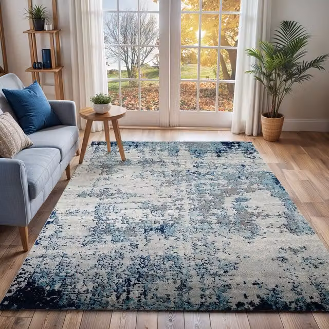 Livabliss Sunderland Abstract Modern Marble Round Rug in Navy and Blue Grey, Diameter: 160 cm
