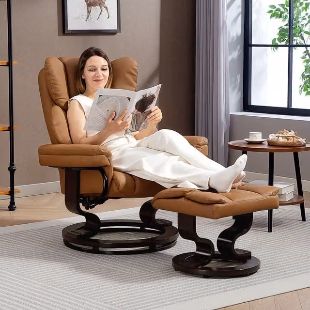 HOMCOM Modern Recliner Ottoman with Wood Base, Brown