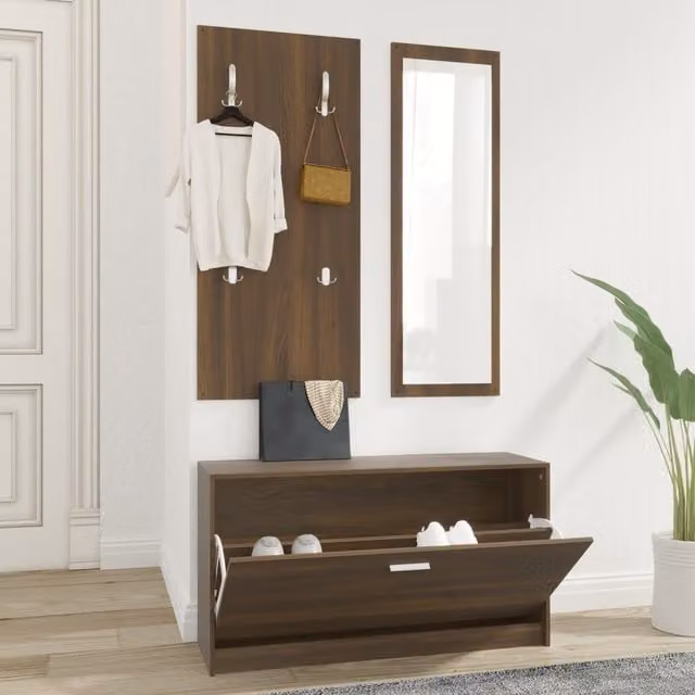 Berkfield Home 3-in-1 Shoe Cabinet, Mirror and Wall Rack Set in Brown Oak