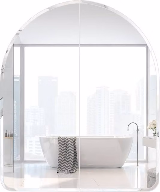 KEEPREAPER White Arched Bathroom Mirror Cabinet with 2 Hinged Glass Doors and 3 Internal Shelves, W: 60 cm, H: 70 cm